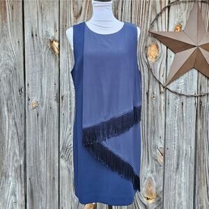 Waterfall Fringe Detail Sleeveless Dress Trina Turk Size L Navy Blue Large Silk